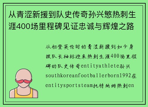 从青涩新援到队史传奇孙兴慜热刺生涯400场里程碑见证忠诚与辉煌之路 ⚽🔥 从青涩新援到队史传奇孙兴慜热刺生涯400场里程碑见证忠诚与辉煌之路 ⚽🔥