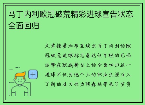 马丁内利欧冠破荒精彩进球宣告状态全面回归